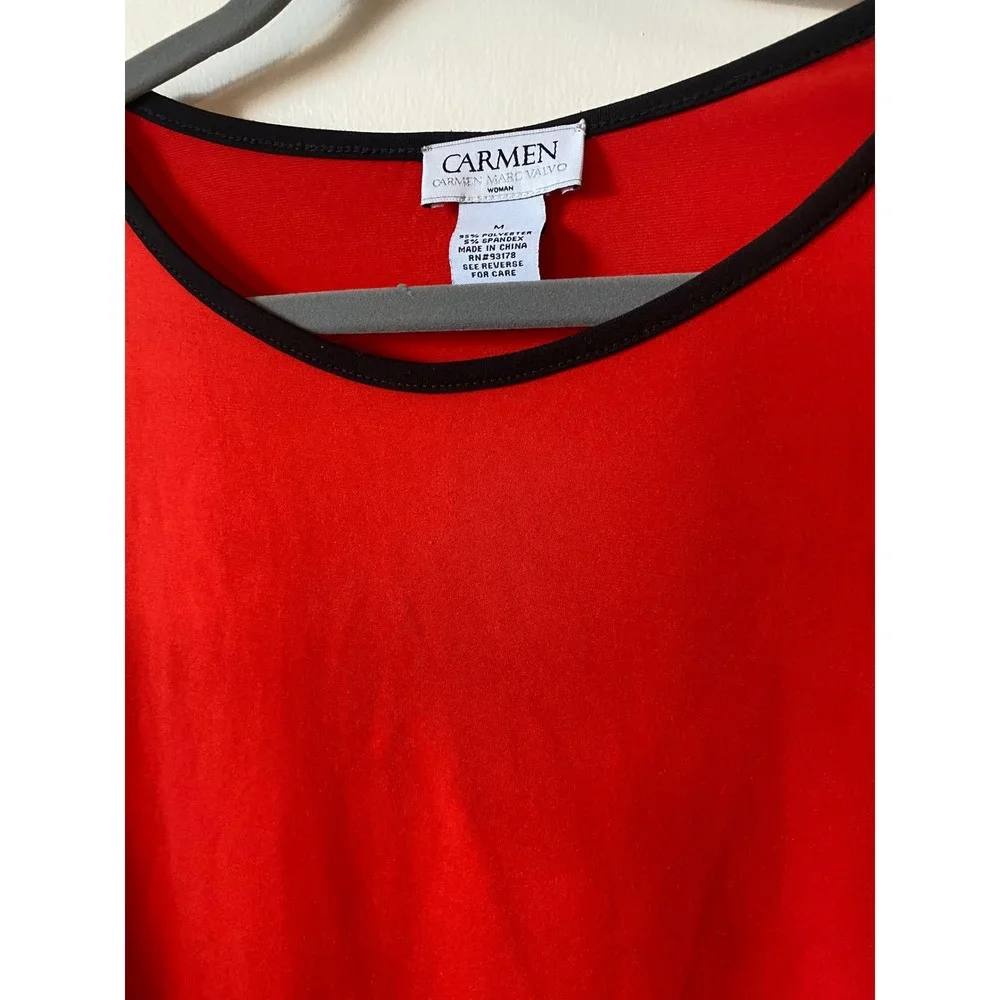 Carmen Marc Valvo‎ Red Top Women's Medium 3/4 Sleeve Black Trim - Picture 6 of 8